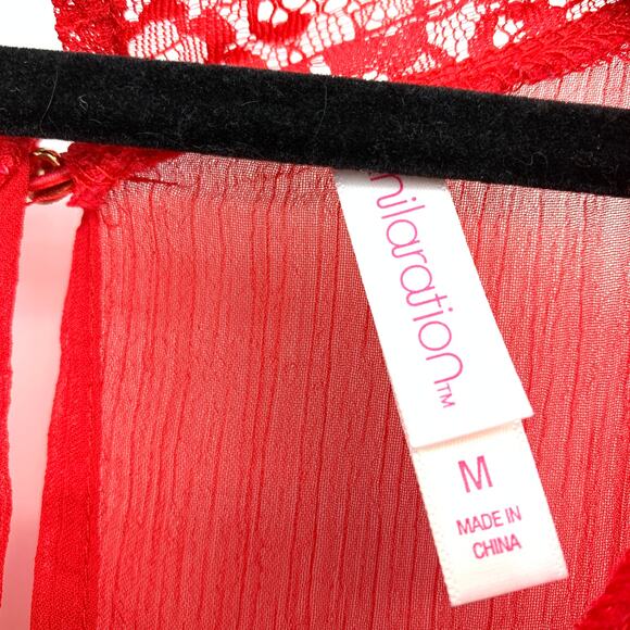 Xhilaration Women's Size Medium Sheer A-Line Dress Lace Trim Long Sleeve Red - Picture 5 of 6